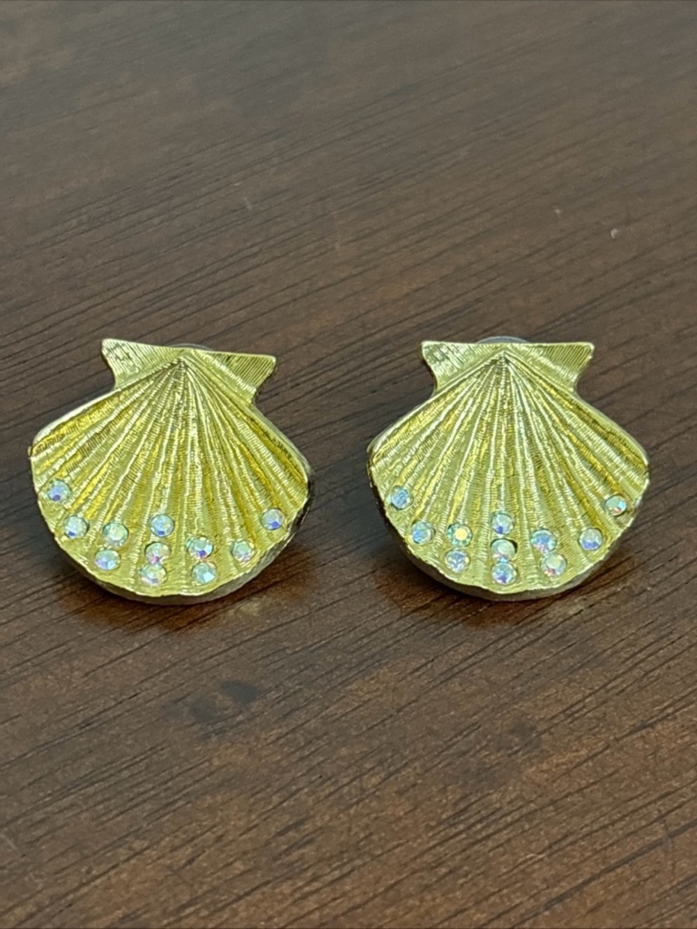 Vintage Kirks Folly Clear AB Rhinestones Seashell Design Gold Tone Clip Earrings